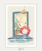 A digital preview of a cozy art print depicting a white cat in a blue striped shirt holding a red umbrella during a rainstorm. The cat stands next to a large window where a tiny mouse sails a paper boat in a puddle below.