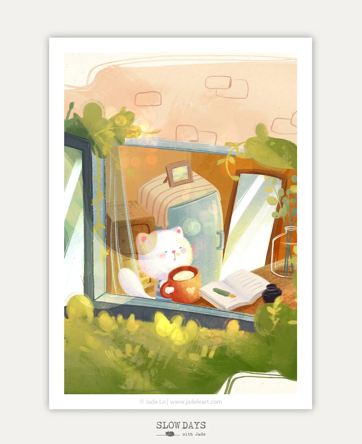 A digital preview of a cozy art print in slow morning theme, showing a cute white cat sitting inside by a window, contentedly holding a warm orange mug. The warm indoor scene features a retro light-blue refrigerator and an open notebook, contrasted against a lush green garden visible outside the glass.