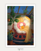 A high-quality digital preview of the greenhouse reading cat art print, showcasing the vibrant yellow light from the lamp casting over the cat, its mouse companion, and the surrounding green potted plants.