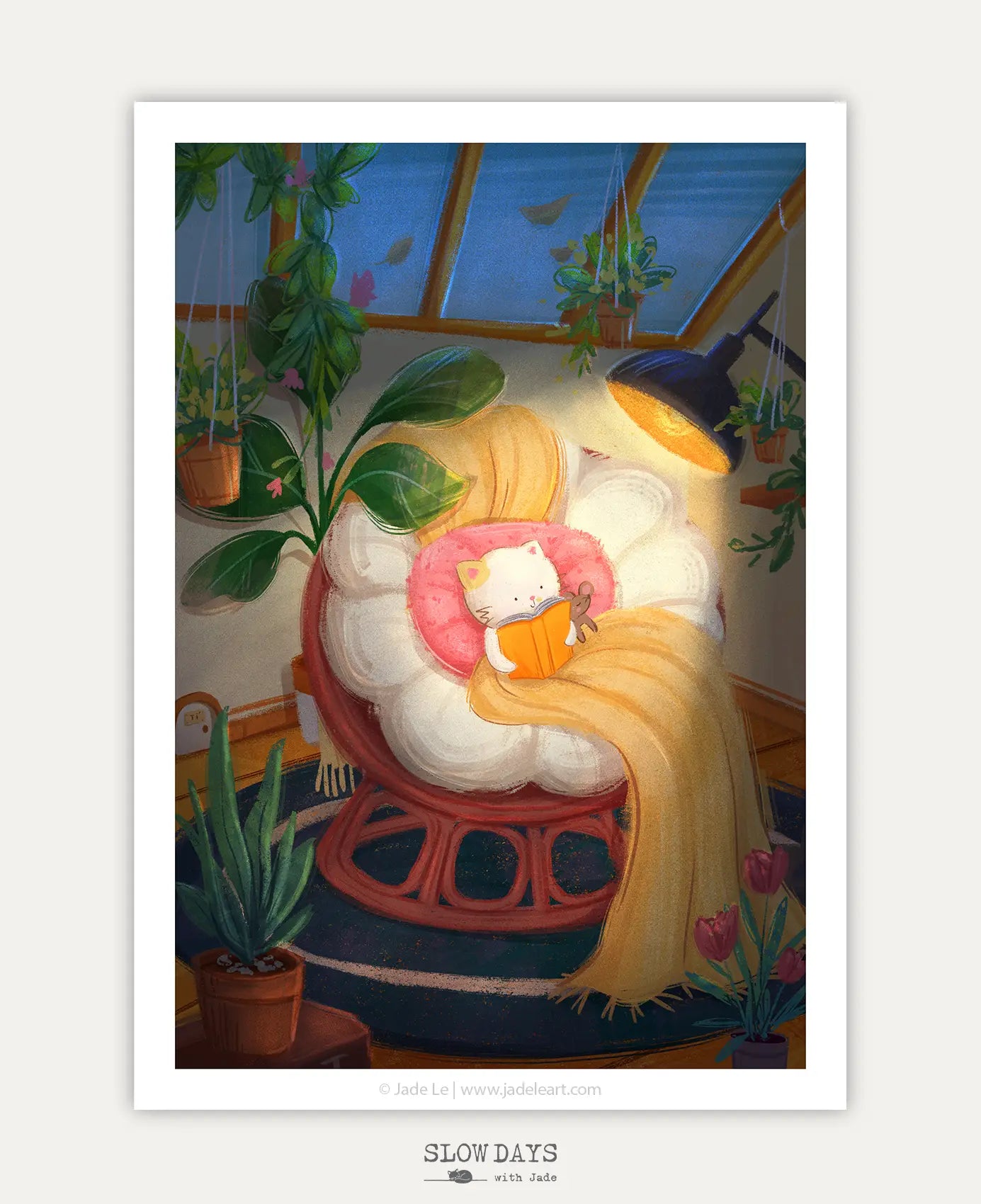 A high-quality digital preview of the greenhouse reading cat art print, showcasing the vibrant yellow light from the lamp casting over the cat, its mouse companion, and the surrounding green potted plants.