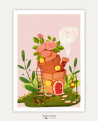 A digital preview of a whimsical art print featuring a cottage house built out of stacked terracotta flowerpots. Big pink roses bloom from the top pot, a pink ladder leans against the side, and a red front door sits at the base on a green patch of grass under a soft pink background.