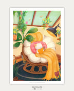 A digital preview of a whimsical art print depicting a little white cat cozying up in a round Papasan chair inside a sunlit greenhouse. The cat reads an orange book alongside a tiny mouse friend, bundled under a fluffy yellow blanket beneath hanging potted plants and a glowing desk lamp.