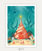 A digital preview of a whimsical underwater art print featuring a large pink conch shell transformed into a cozy home with a little red door and glowing windows. Playful octopuses, crabs, a starfish, and a message in a bottle rest on the sandy ocean floor surrounded by deep teal water, coral, and swimming fish.