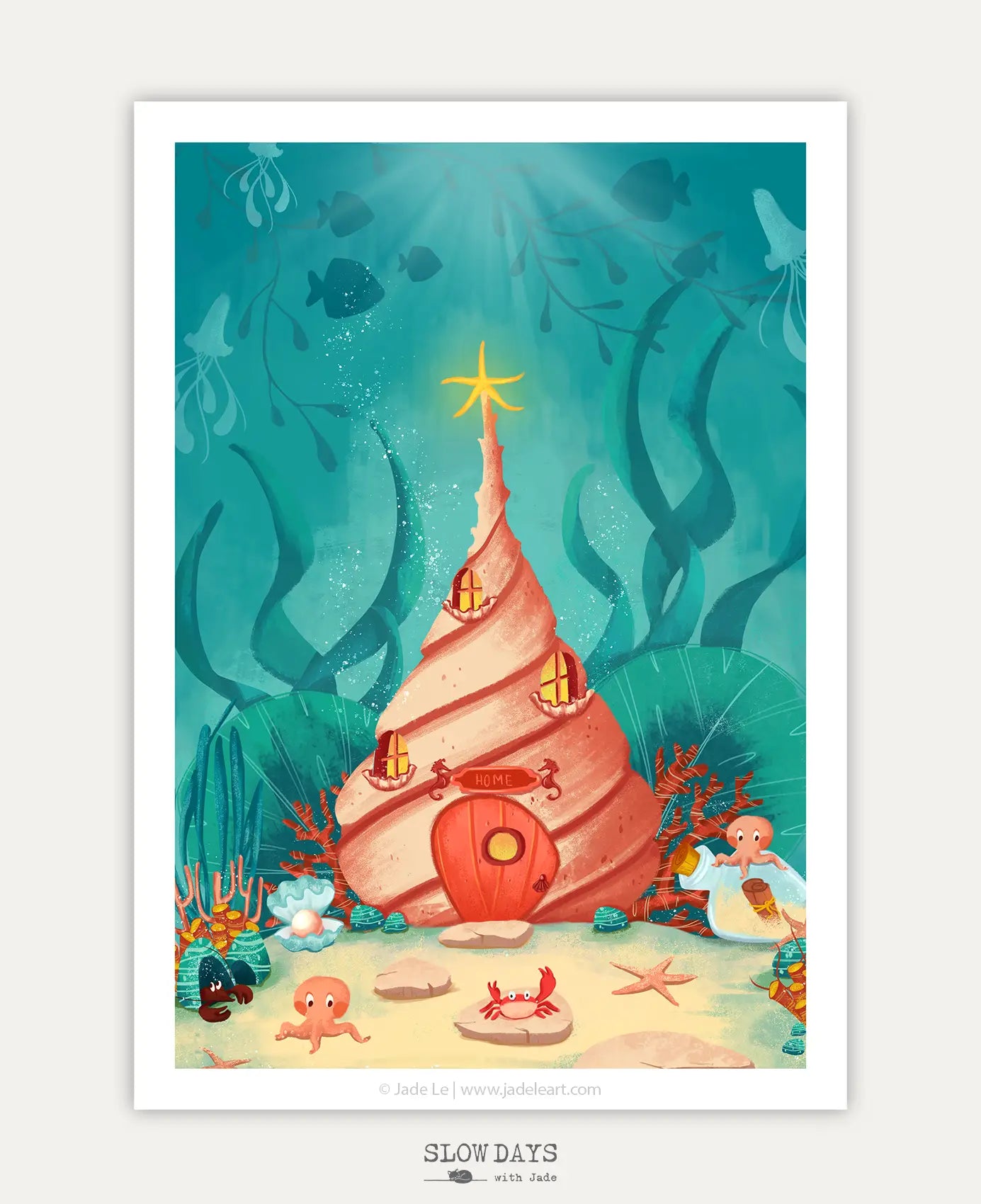 A digital preview of a whimsical underwater art print featuring a large pink conch shell transformed into a cozy home with a little red door and glowing windows. Playful octopuses, crabs, a starfish, and a message in a bottle rest on the sandy ocean floor surrounded by deep teal water, coral, and swimming fish.