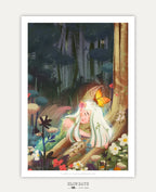 A digital preview of a magical art print showing a long-haired fairy peacefully sleeping against a mossy tree trunk in an enchanted forest. A bright yellow moth rests on her head, surrounded by glowing light, wild mushrooms, and white daisies under a dark canopy.
