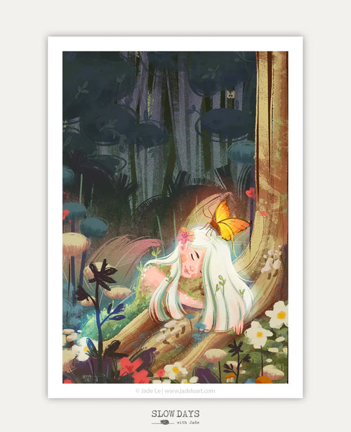 A digital preview of a magical art print showing a long-haired fairy peacefully sleeping against a mossy tree trunk in an enchanted forest. A bright yellow moth rests on her head, surrounded by glowing light, wild mushrooms, and white daisies under a dark canopy.