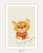 A digital preview of a heartwarming art print featuring a close-up portrait of a wide-eyed orange tabby cat wearing a red and pink striped scarf. The textured, painterly portrait is set against a cream background with the handwritten phrase "love at first sight" below it.