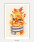 An art print from Slow Days with Jade - featuring a watercolor-style illustration of a fluffy orange tabby cat. The cat is wearing a cozy grey and white striped scarf and looking up with large, blue-grey eyes. A vibrant orange and yellow autumn maple leaf rests playfully on top of its head, and small orange paint splatters decorate the off-white background.