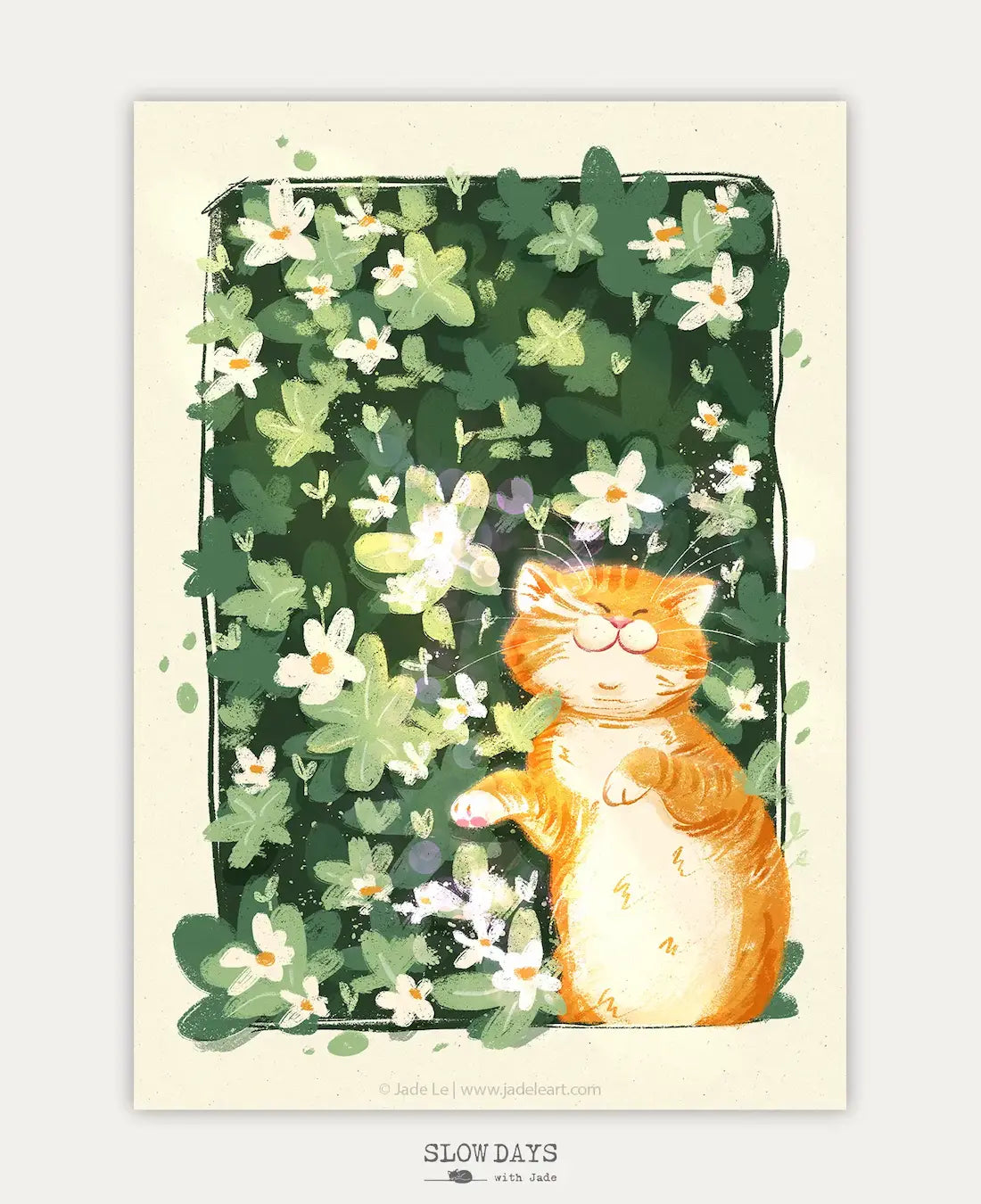 A digital preview of an art print featuring an adorable, chubby orange tabby cat lying happily with its eyes closed against a dense, dark green background covered in small white flowers and clover leaves.