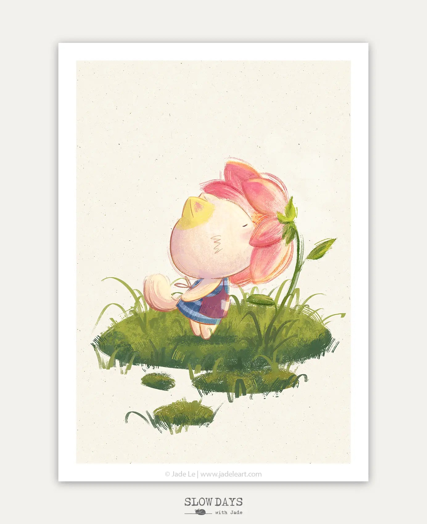 A digital preview of a minimalist art print showing a sweet cream-colored cat wearing a blue striped dress, standing on a small patch of grass and gently sniffing a large, blooming pink flower.