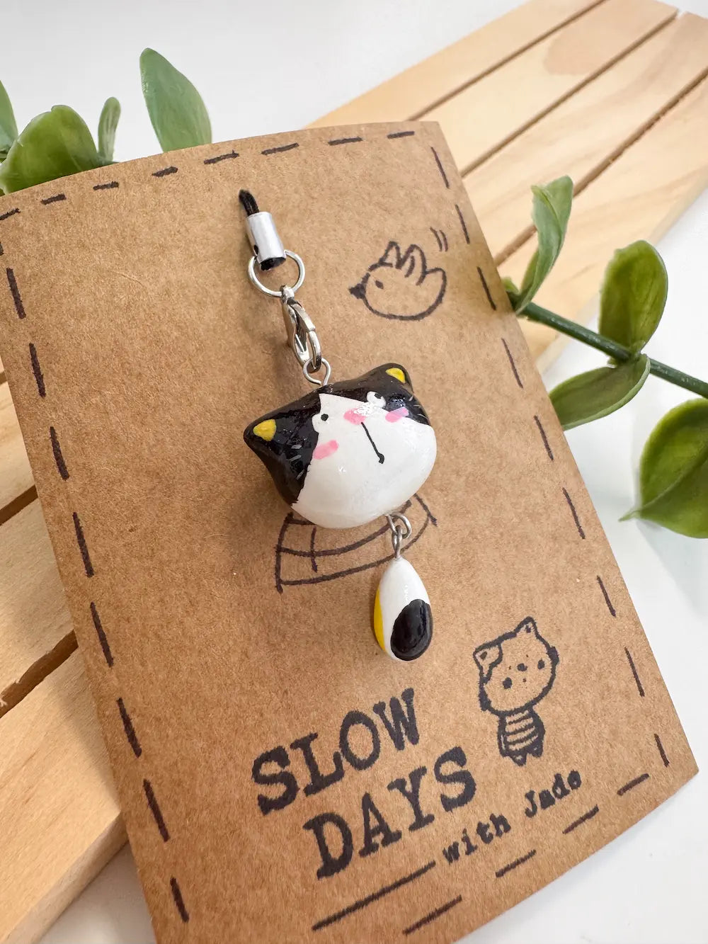 Handmade Clay Charm | Cow Cat (Black & White)