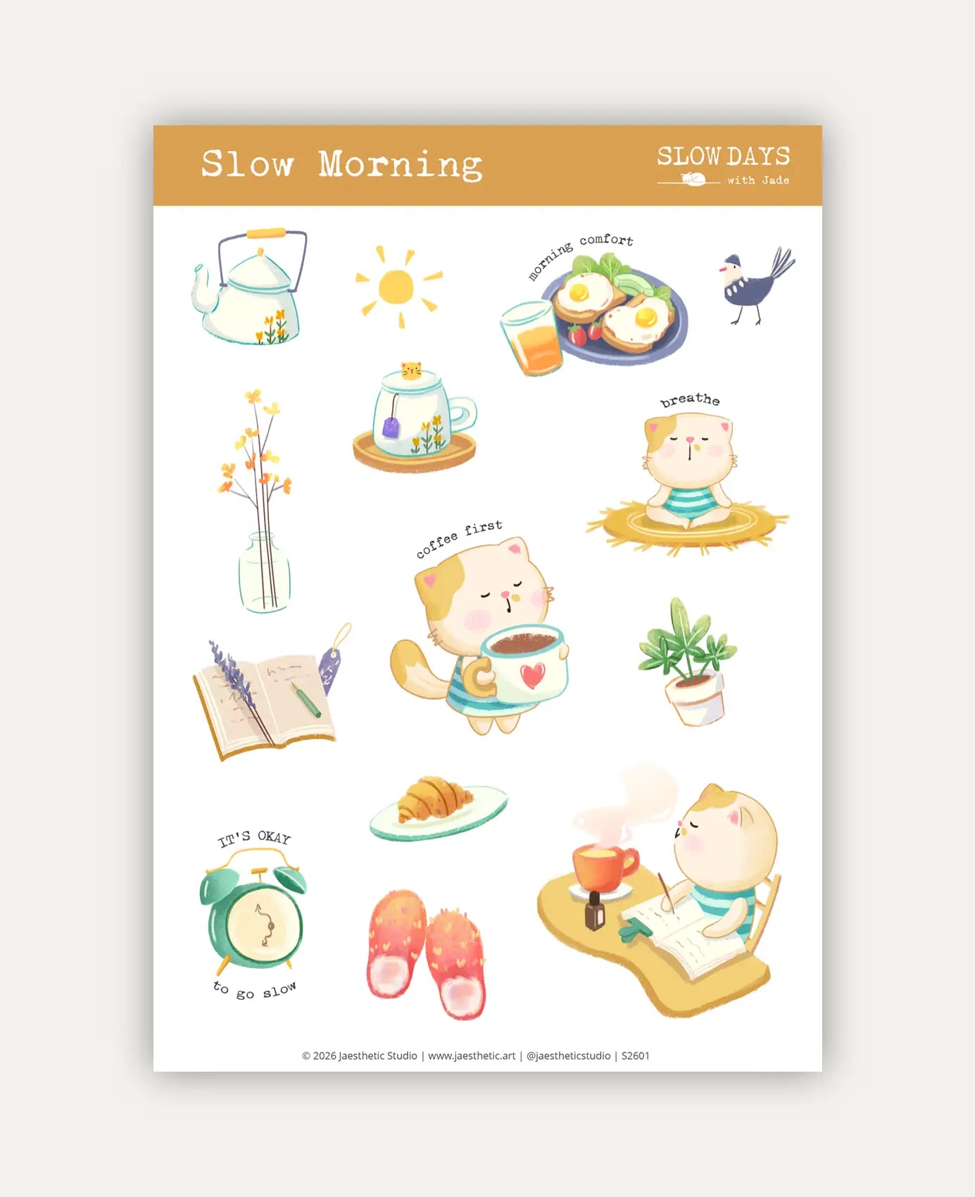 An image of a sticker sheet titled "Slow Morning" featuring cozy, morning-themed illustrations on a white background with a light brown header. The central design shows a cute cat holding a giant mug with a red heart next to the text *"coffee first"*. Other stickers include a cat meditating on a yellow mat (*"breathe"*), a cat writing at a desk, breakfast toast with eggs (*"morning comfort"*), a kettle, a mug with a cat peeking out, an open journal, a green alarm clock (*"it's okay to go slow"*), fuzzy pink