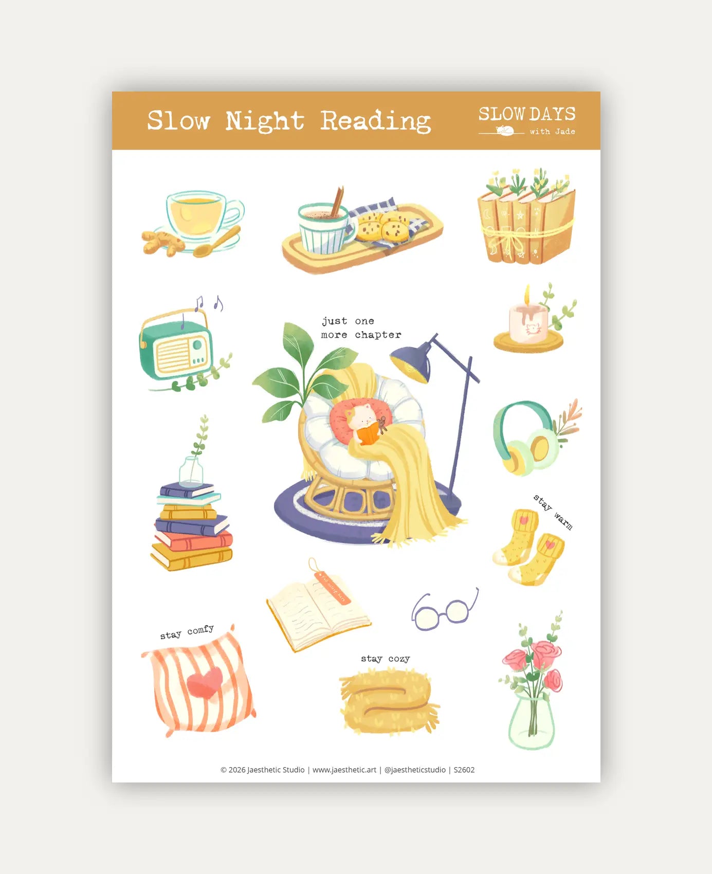 An image of a sticker sheet titled "Slow Night Reading" featuring cozy, evening-themed illustrations on a white background with a light brown header. The central design shows a cat snuggled in a papasan chair reading a book with the phrase "just one more chapter". Other stickers include stacks of books, glasses, a radio, warm tea, cookies, headphones, and warm socks.