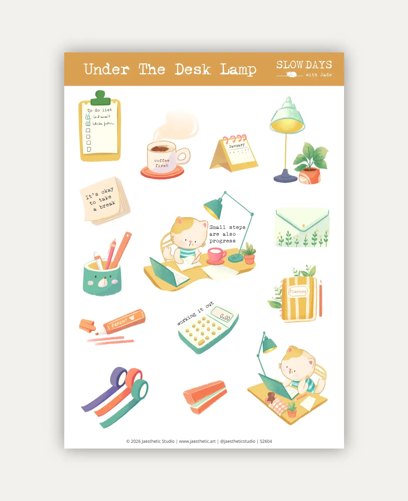 An image of a sticker sheet titled "Under The Desk Lamp" featuring various cute, productivity-themed illustrations on a white background with a light brown header. The central design shows a little cat focused on writing at its desk under a green lamp, next to the text *"Small steps are also progress"*. Other stickers include another cat working on a laptop, a warm coffee cup (*"coffee first"*), a clipboard to-do list, a calendar, washi tape rolls, a calculator, a planner, a pen holder, and a note that read